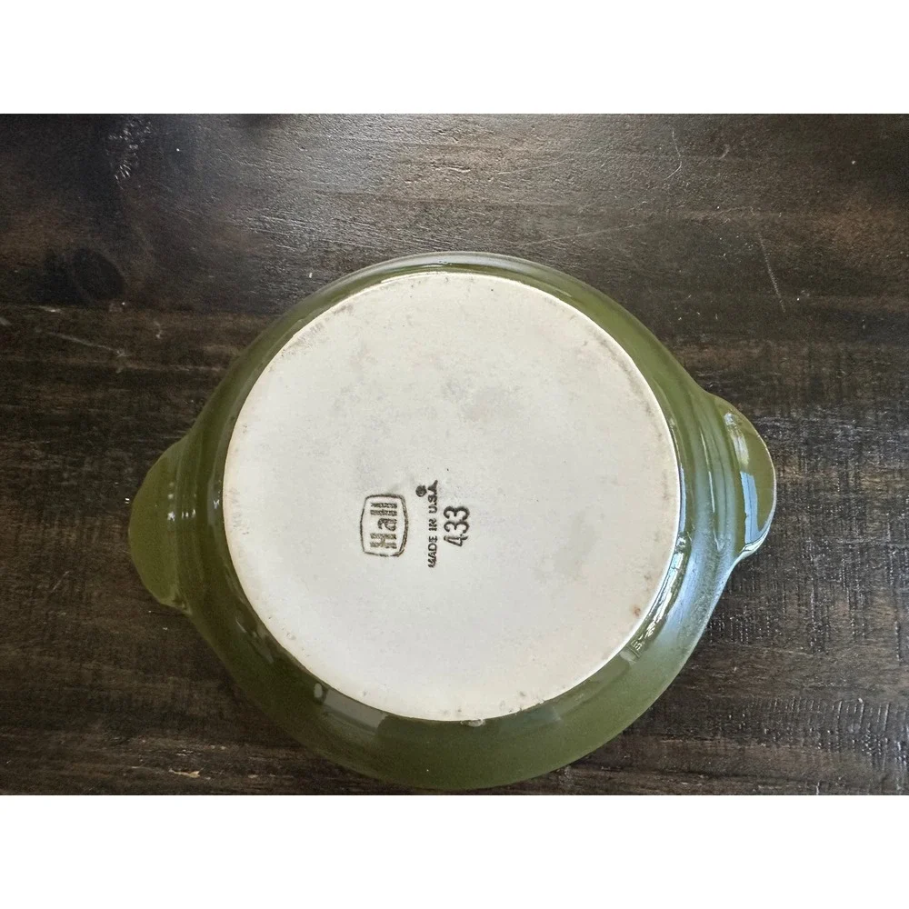 Hall China Olive Green Au Gratin Dishes Set of 2 Vintage Ceramic Bakers 433 434
